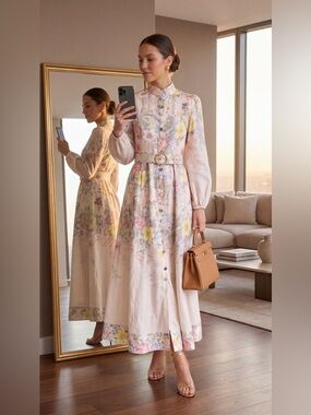 Floral Belted Long Sleeve Maxi Dress in Soft Pink S/M